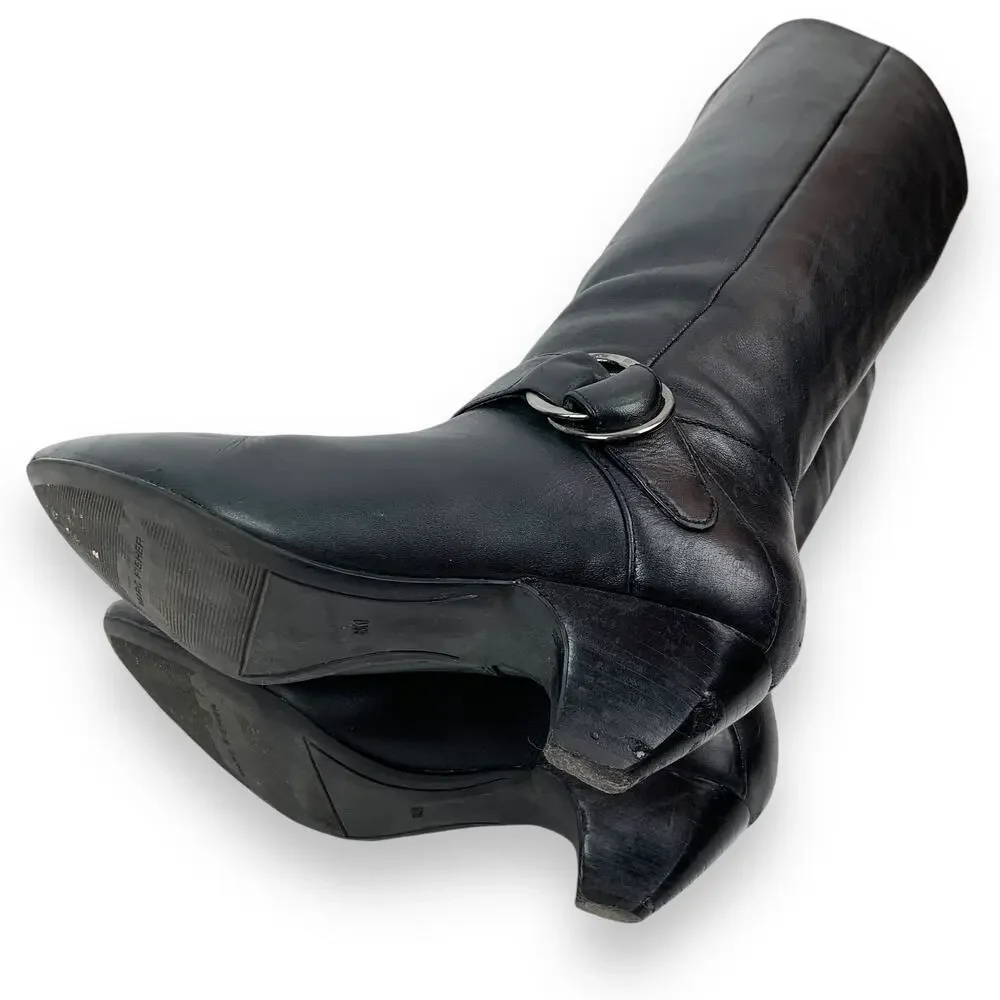 2000's MARC FISHER tall black leather boots with silver ring and low heels - Picture 7 of 12